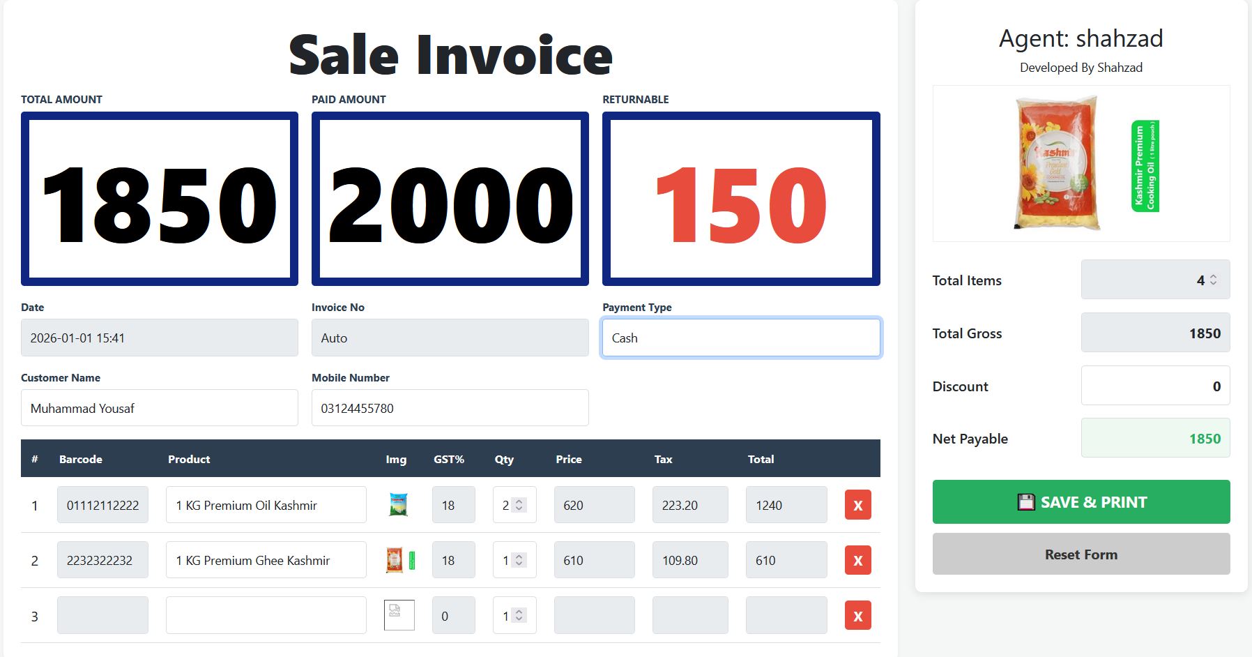 Retail Management Dashboard showing Sales Purchase and Inventory